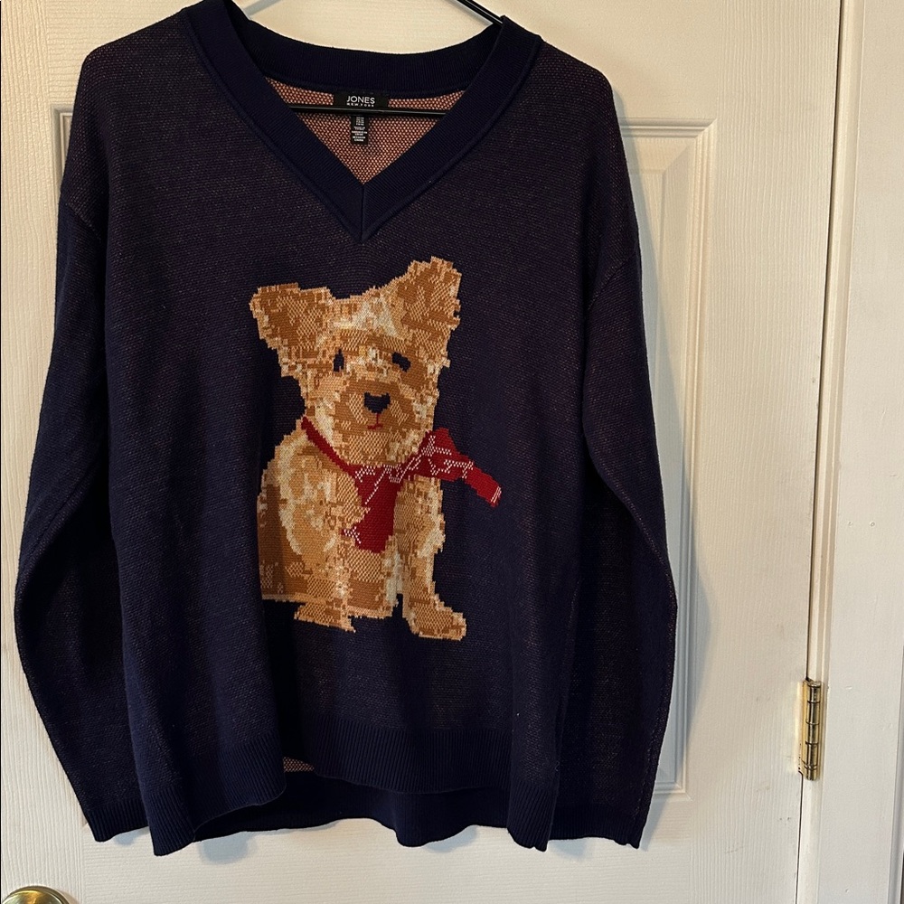 Jones New York Navy V-Neck Sweater with Dog Design